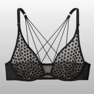 VICTORIA'S SECRET Starburst Unlined Plunge Bra Semi Sheer 38DD Black Mesh